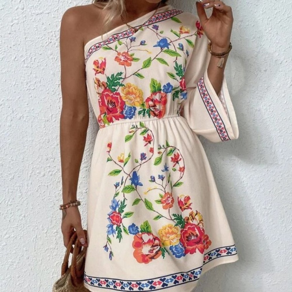 Boho Floral One Shoulder Mini Dress - Picture 2 of 6